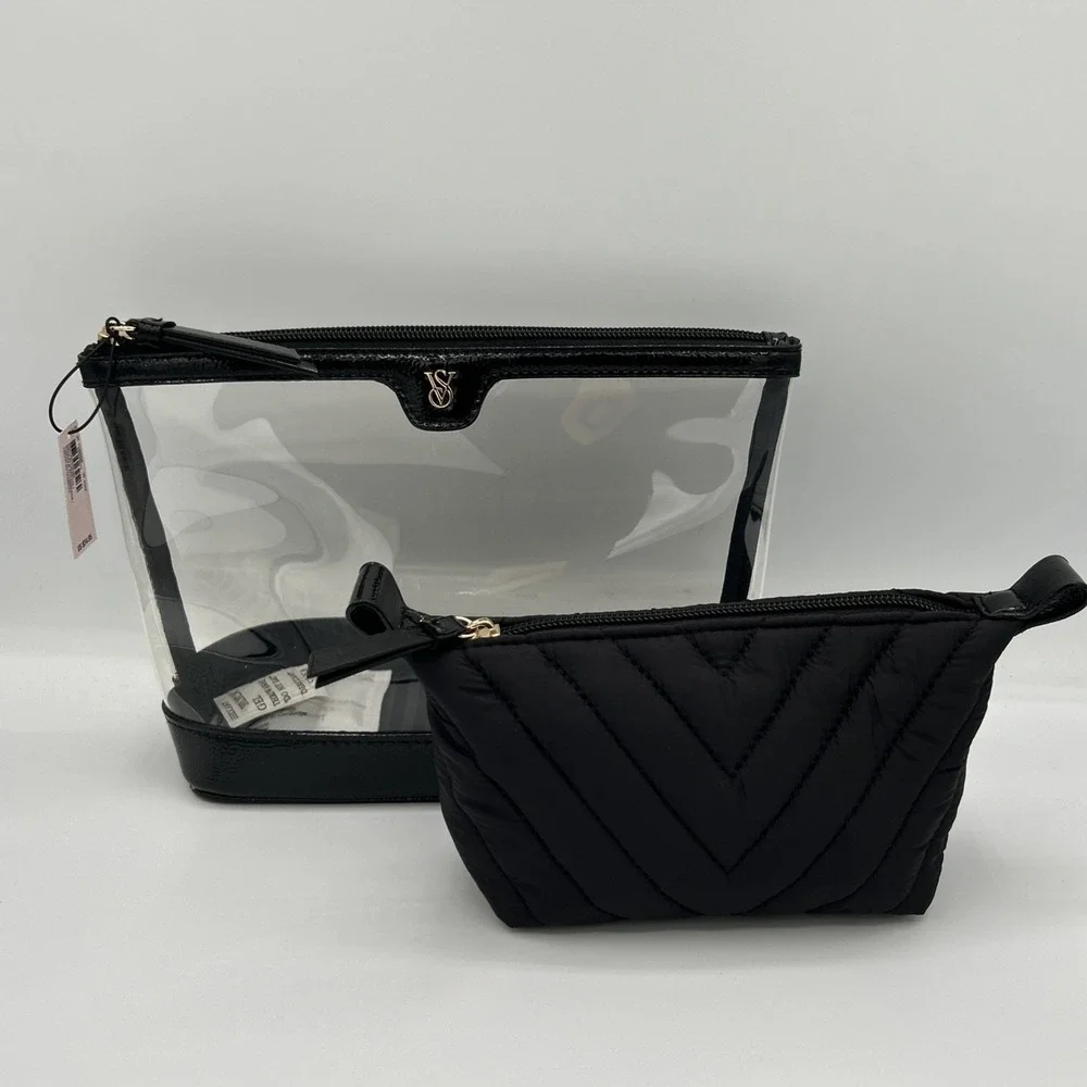 Victoria's Secret Black Clear 2-in-1 Makeup Bag Set Quilted Pouch Gold Logo NWT